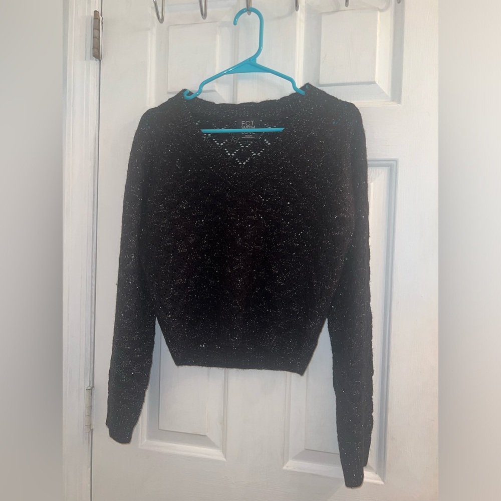 Size medium black tinsel glitter open diamond knit crop long sleeve sweater